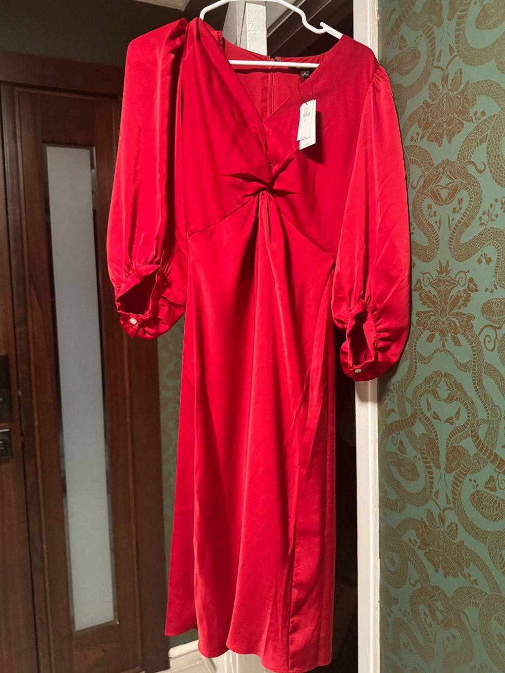 Banana Republic Red Twist-Front Midi Dress with Puff Sleeves